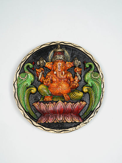 Wooden Carved Ganesha Round Frame - Orange - 12 inch - WL5620-2