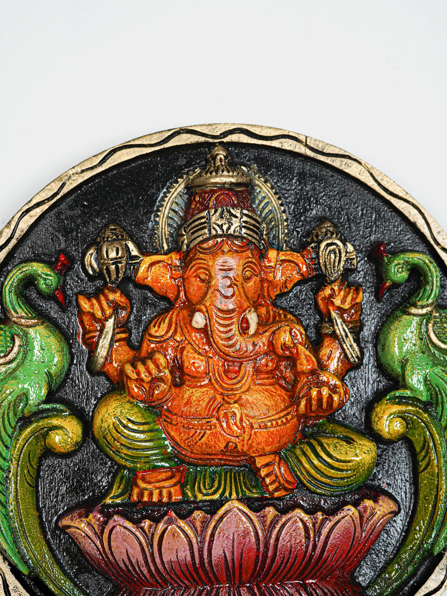 Wooden Carved Ganesha Round Frame - Orange - 12 inch - WL5620-2