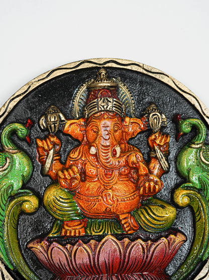 Wooden Carved Ganesha Round Frame - Orange - 12 inch - WL5620-2