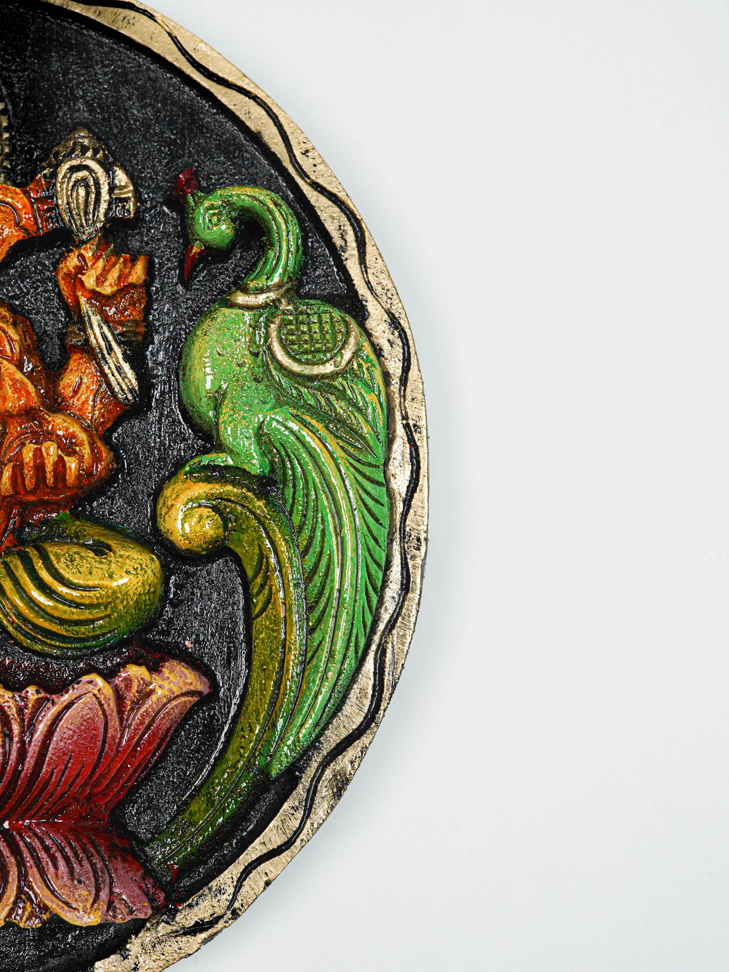 Wooden Carved Ganesha Round Frame - Orange - 12 inch - WL5620-2