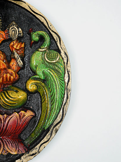 Wooden Carved Ganesha Round Frame - Orange - 12 inch - WL5620-2