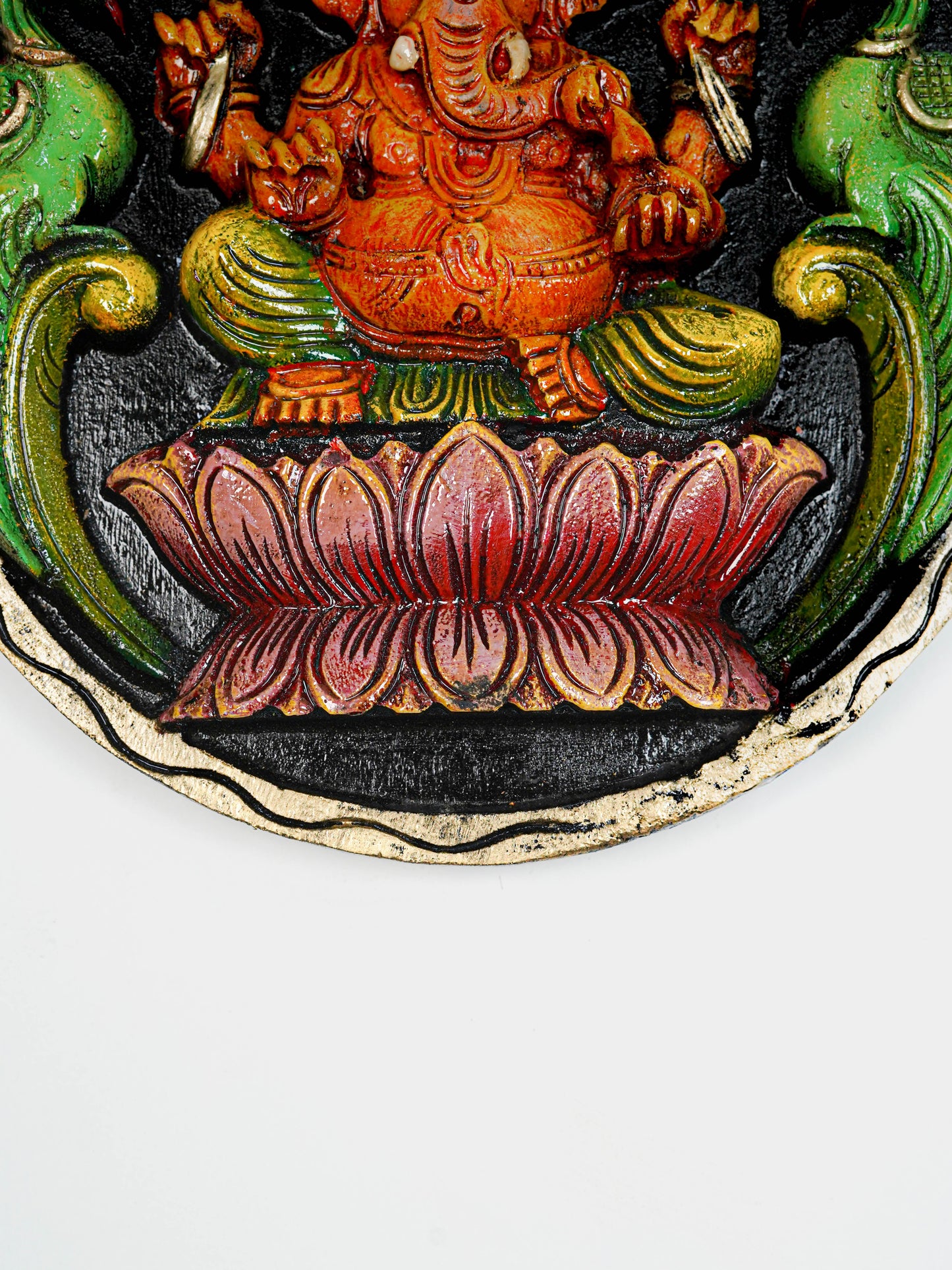 Wooden Carved Ganesha Round Frame - Orange - 12 inch - WL5620-2