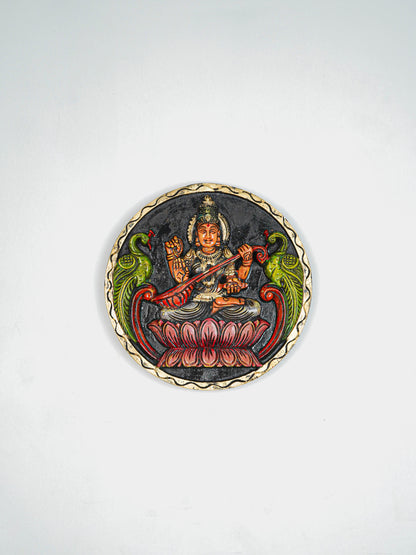 Wooden Carved Lakshmi Round Frame - Voilet - 12 inch - WL5621-1