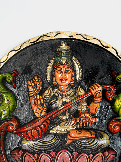 Wooden Carved Lakshmi Round Frame - Voilet - 12 inch - WL5621-1