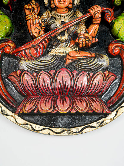 Wooden Carved Lakshmi Round Frame - Voilet - 12 inch - WL5621-1