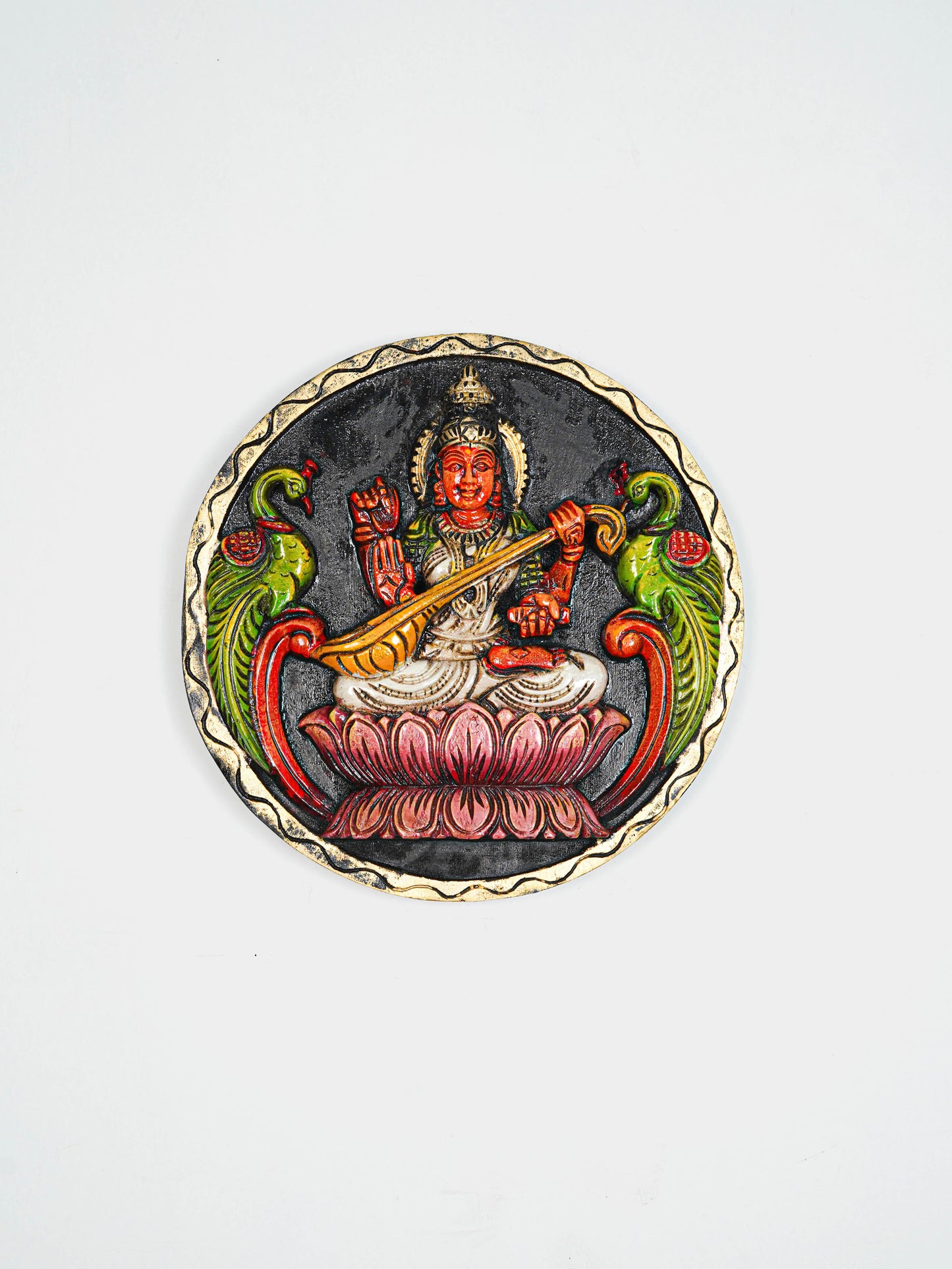 Wooden Carved Ganesha Round Frame - White - 12 inch - WL5621-2