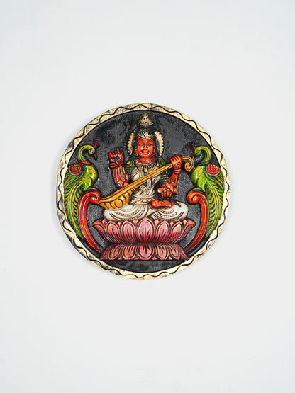 Wooden Carved Ganesha Round Frame - White - 12 inch - WL5621-2
