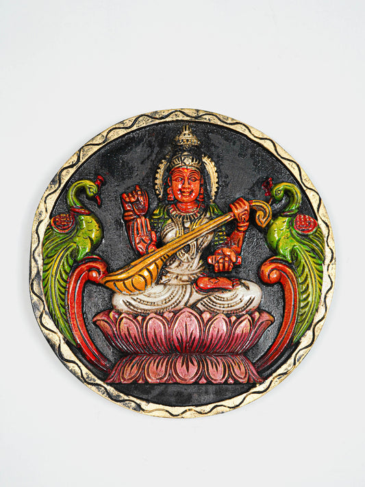 Wooden Carved Ganesha Round Frame - White - 12 inch - WL5621-2