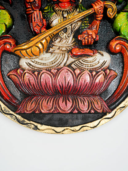 Wooden Carved Ganesha Round Frame - White - 12 inch - WL5621-2