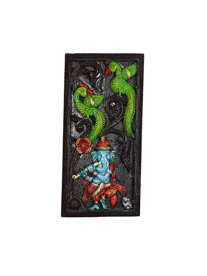 Wooden Carved Ganesha with Parrot Wall Hanging Frame - 24 inch - WL5623