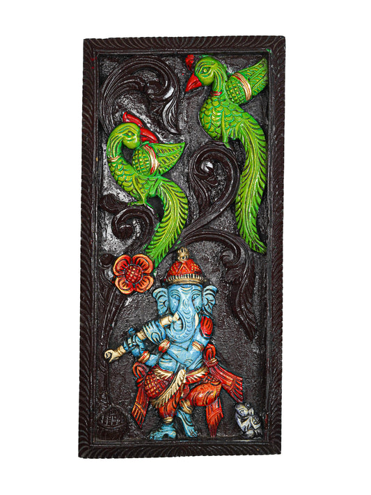 Wooden Carved Ganesha with Parrot Wall Hanging Frame - 24 inch - WL5623