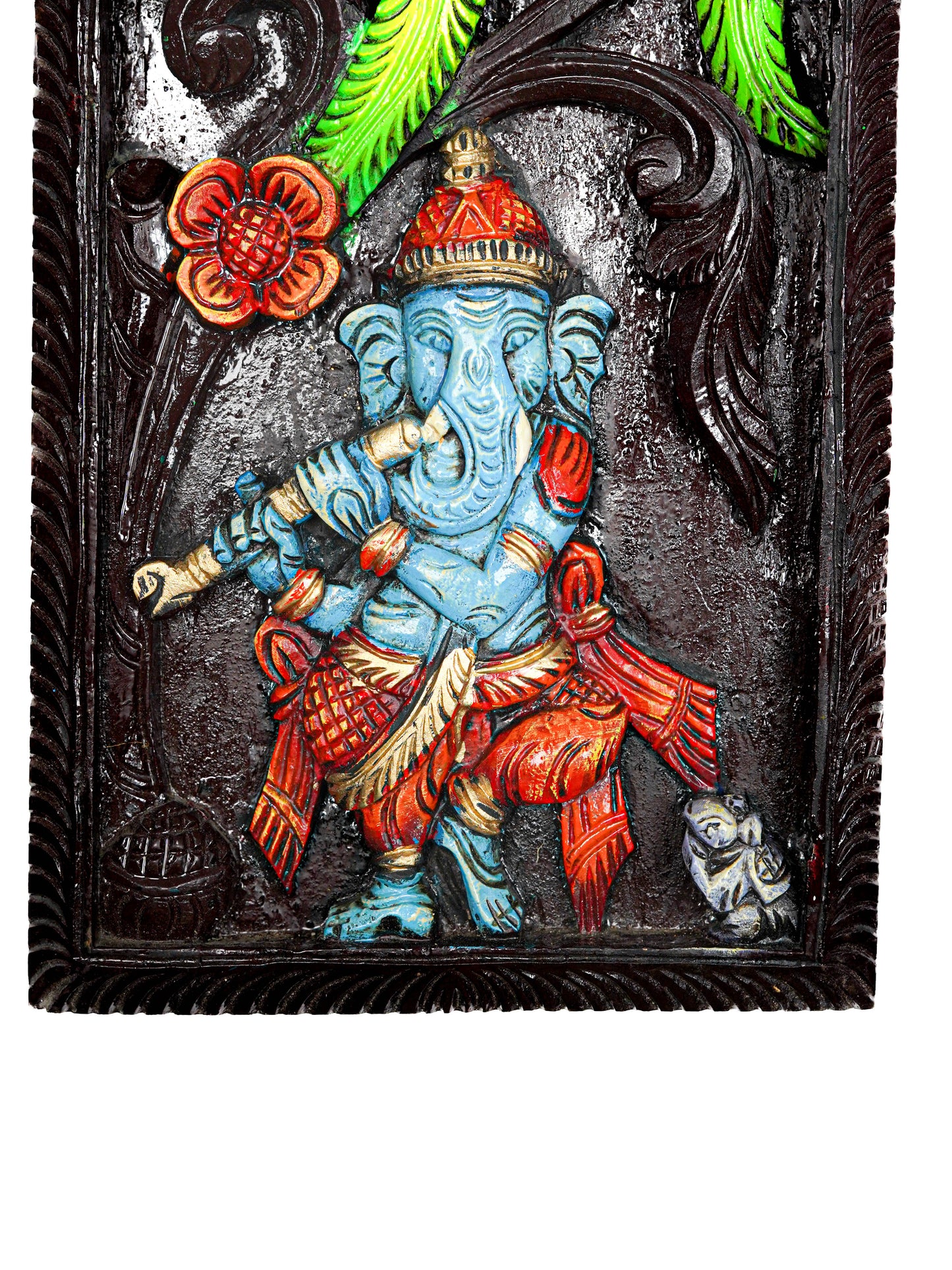 Wooden Carved Ganesha with Parrot Wall Hanging Frame - 24 inch - WL5623