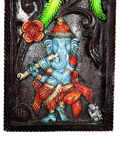 Wooden Carved Ganesha with Parrot Wall Hanging Frame - 24 inch - WL5623