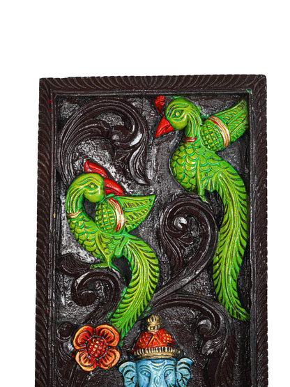 Wooden Carved Ganesha with Parrot Wall Hanging Frame - 24 inch - WL5623