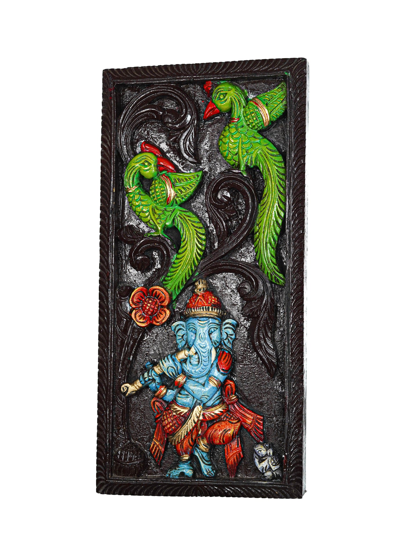 Wooden Carved Ganesha with Parrot Wall Hanging Frame - 24 inch - WL5623