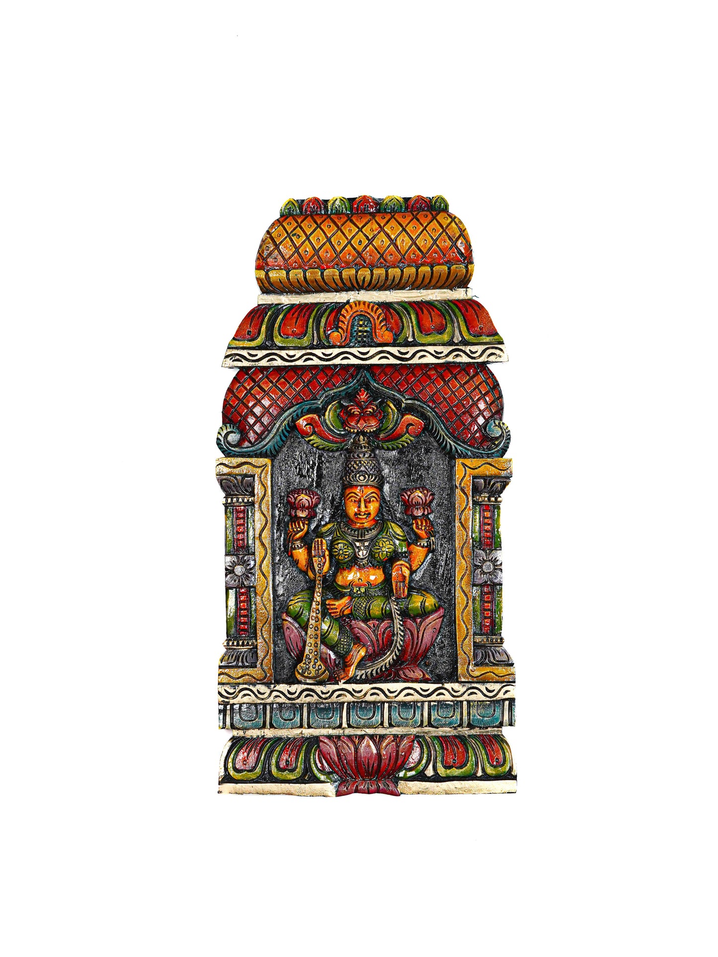 Wooden Carved Saraswathi with Gopuram Design Wall Hanging Frame - 24 inch - WL5624