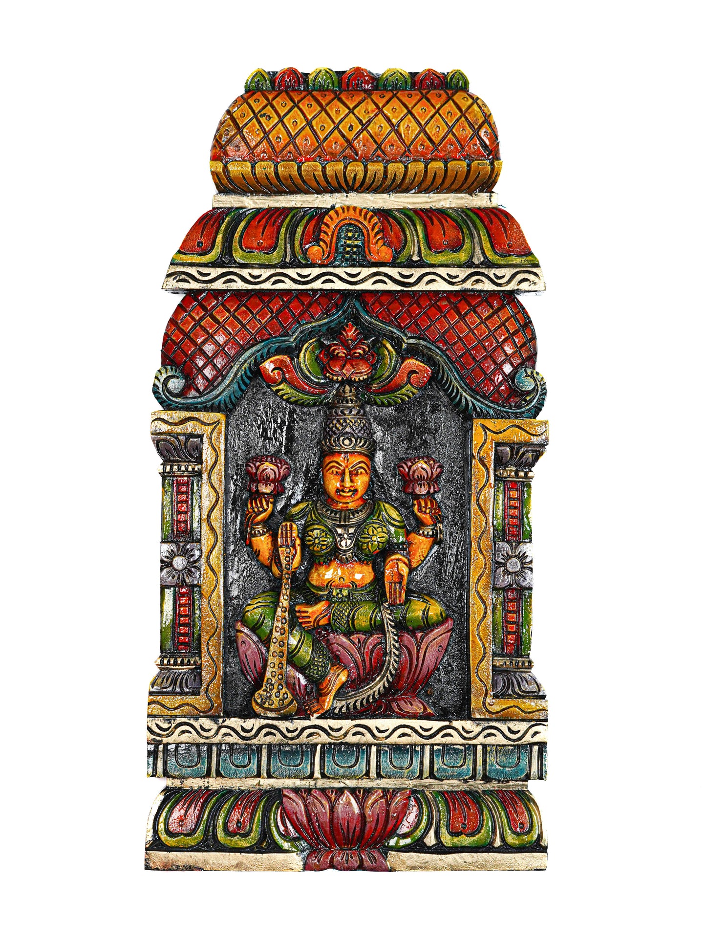 Wooden Carved Saraswathi with Gopuram Design Wall Hanging Frame - 24 inch - WL5624