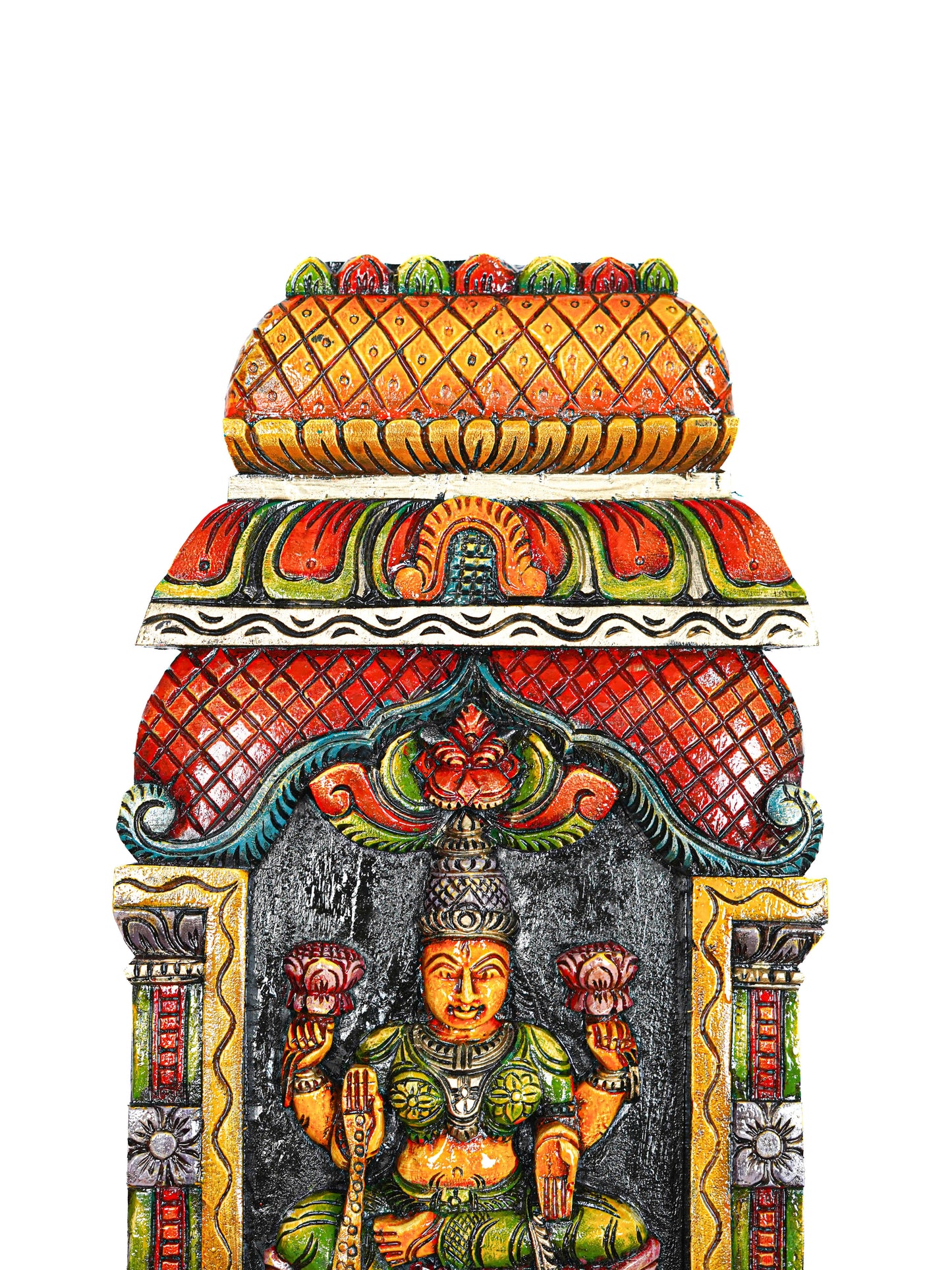 Wooden Carved Saraswathi with Gopuram Design Wall Hanging Frame - 24 inch - WL5624