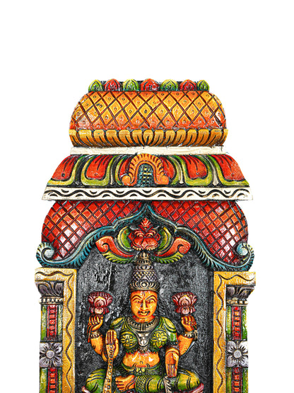 Wooden Carved Saraswathi with Gopuram Design Wall Hanging Frame - 24 inch - WL5624