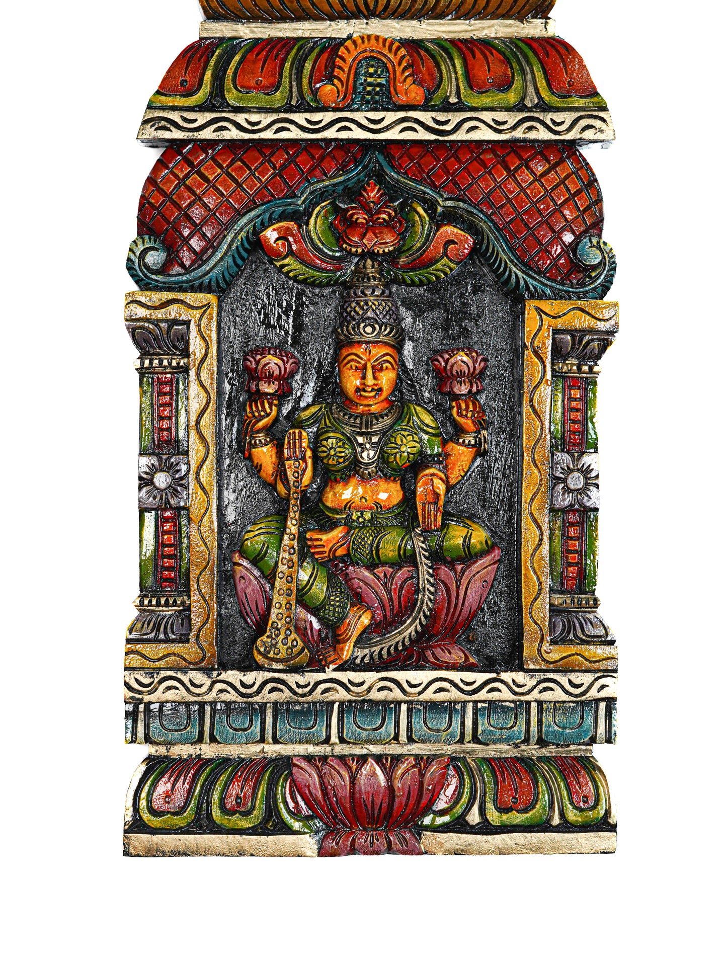 Wooden Carved Saraswathi with Gopuram Design Wall Hanging Frame - 24 inch - WL5624