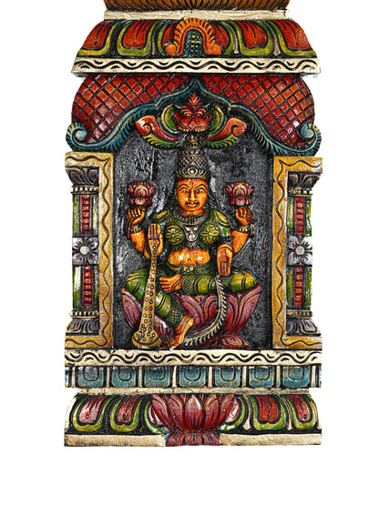 Wooden Carved Saraswathi with Gopuram Design Wall Hanging Frame - 24 inch - WL5624