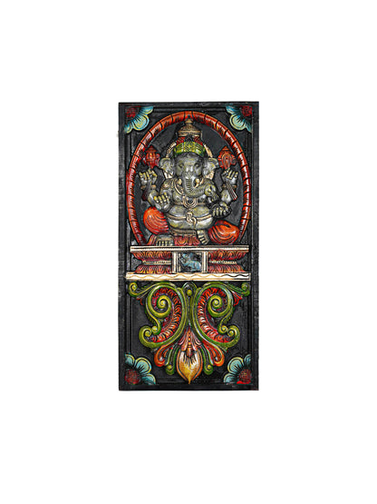 Wooden Carved Ganesha with Flower Design Wall Hanging Frame - 24 inch - WL5625
