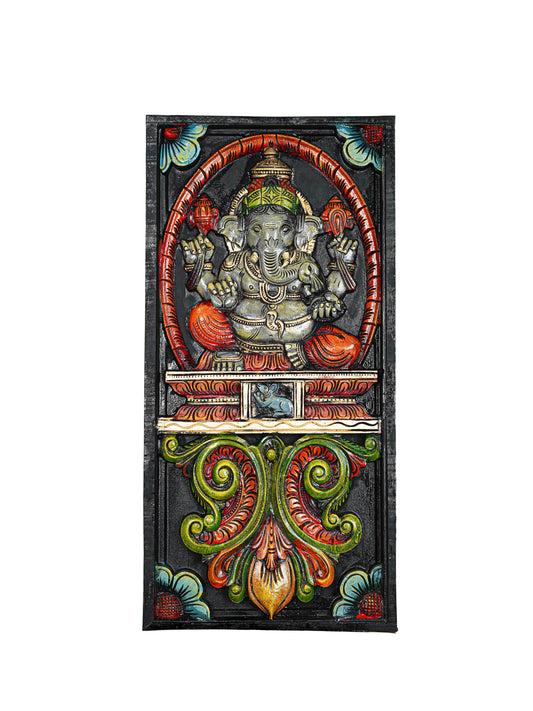 Wooden Carved Ganesha with Flower Design Wall Hanging Frame - 24 inch - WL5625