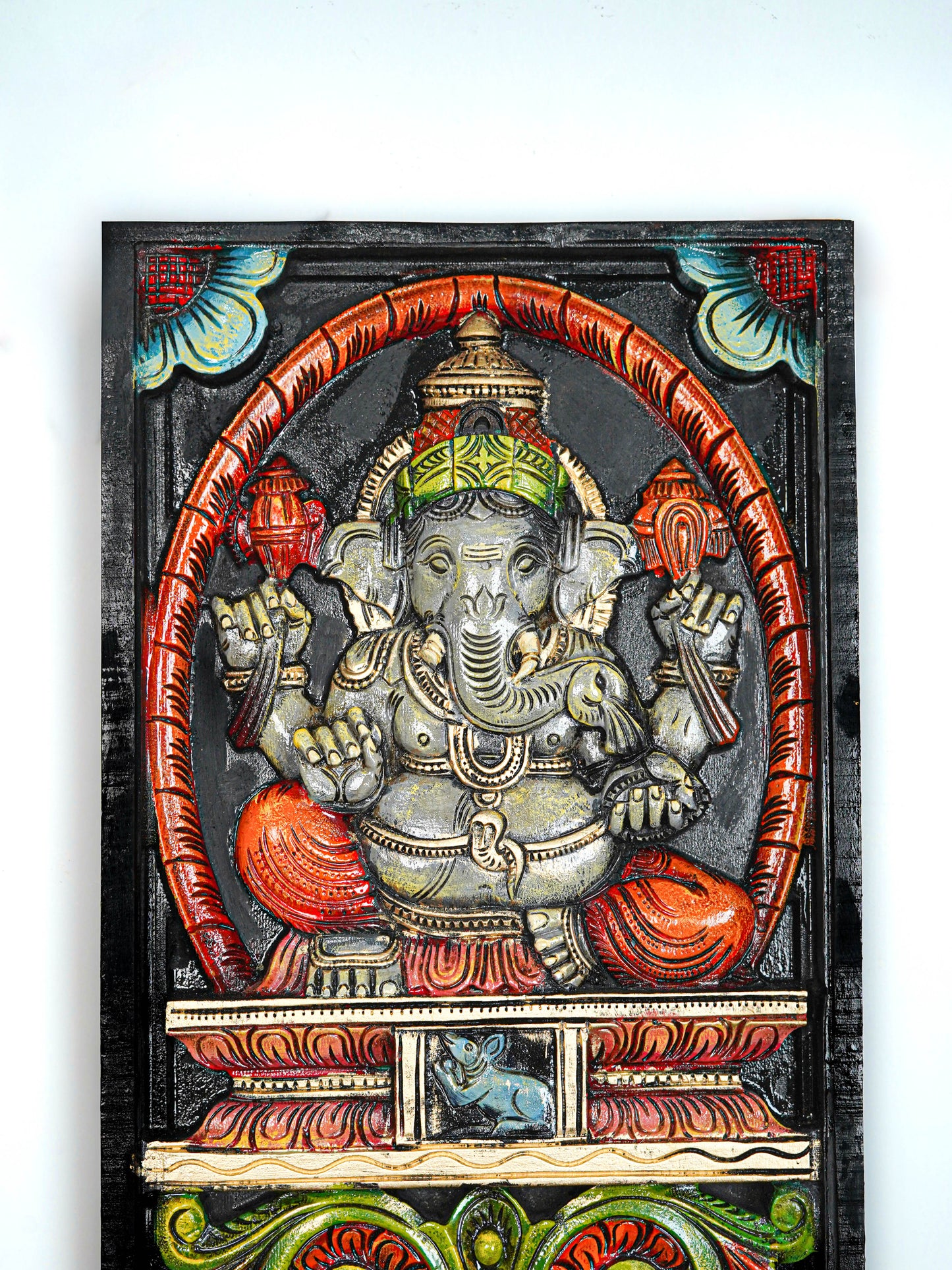 Wooden Carved Ganesha with Flower Design Wall Hanging Frame - 24 inch - WL5625