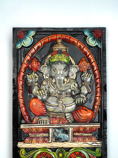 Wooden Carved Ganesha with Flower Design Wall Hanging Frame - 24 inch - WL5625