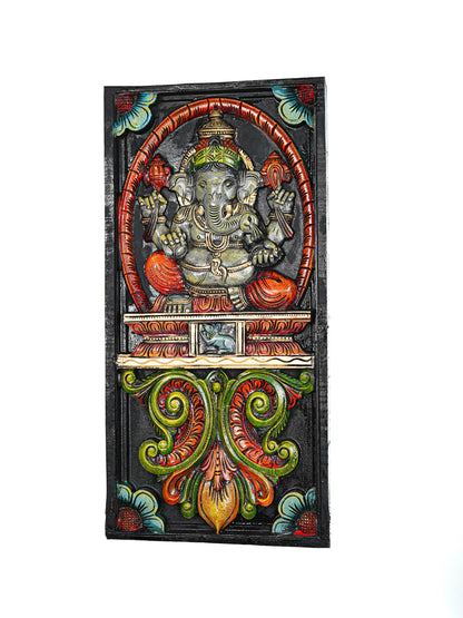 Wooden Carved Ganesha with Flower Design Wall Hanging Frame - 24 inch - WL5625