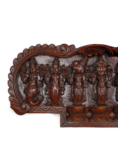 Wooden Carved Dasavatharam Wall Hanging Panel - Brown - 36 inch - WL5628