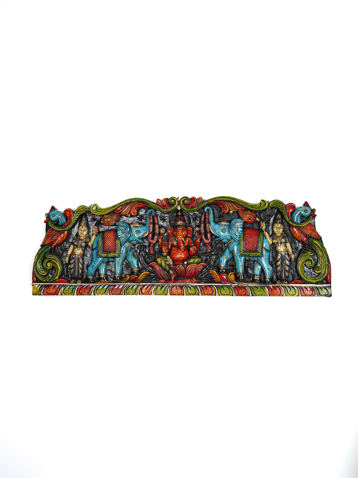 Wooden Carved Ganesha with Elephant Wall Hanging Panel - 35 inch - WL5629