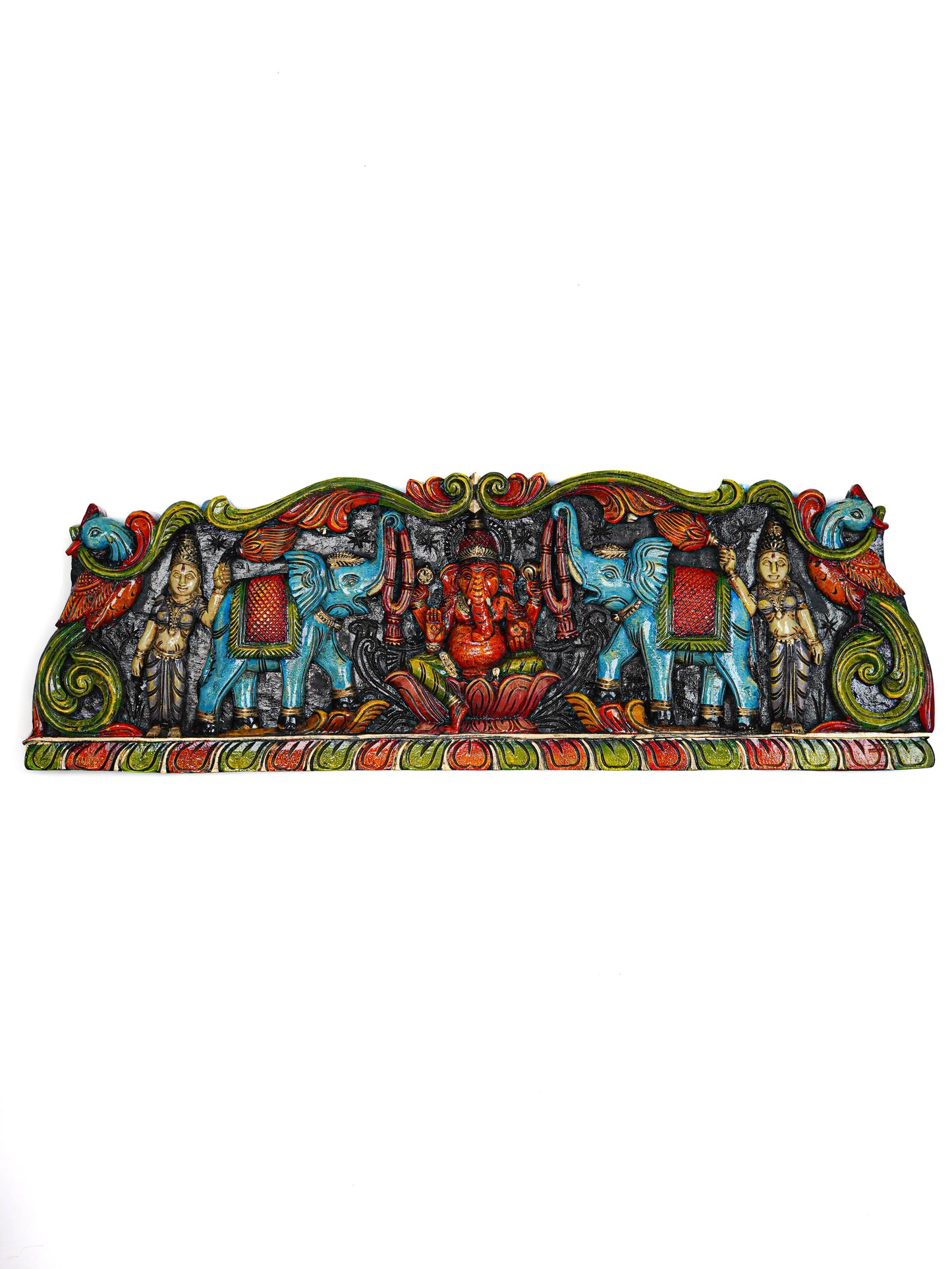 Wooden Carved Ganesha with Elephant Wall Hanging Panel - 35 inch - WL5629