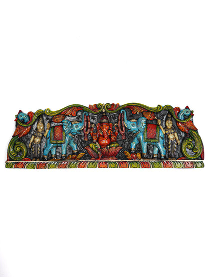Wooden Carved Ganesha with Elephant Wall Hanging Panel - 35 inch - WL5629