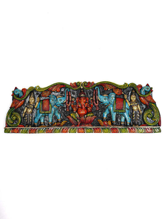 Wooden Carved Ganesha with Elephant Wall Hanging Panel - 35 inch - WL5629