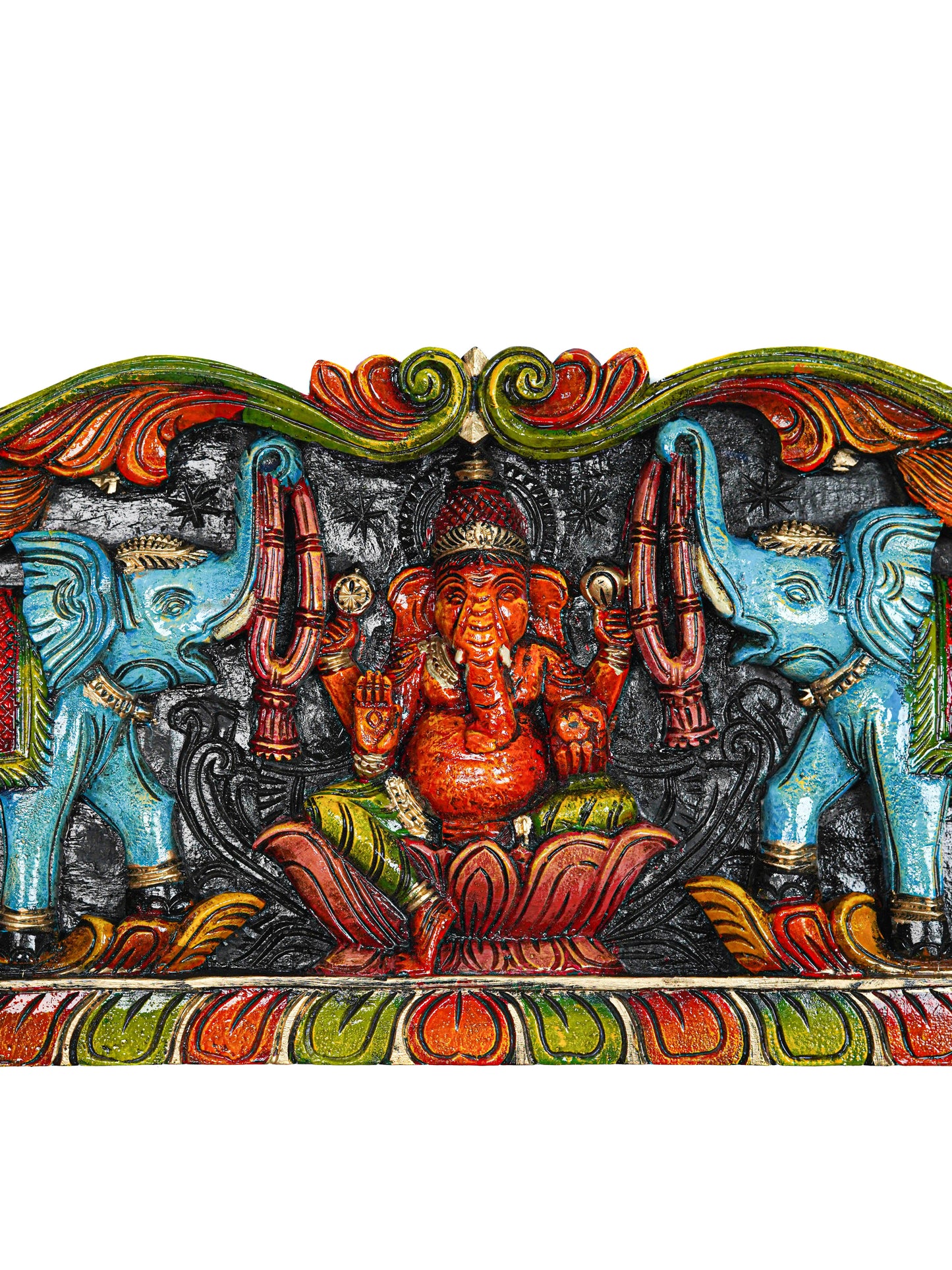 Wooden Carved Ganesha with Elephant Wall Hanging Panel - 35 inch - WL5629
