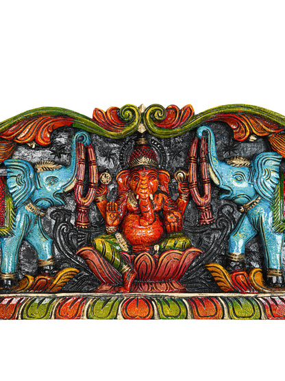 Wooden Carved Ganesha with Elephant Wall Hanging Panel - 35 inch - WL5629