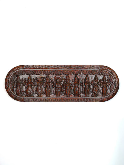 Wooden Carved Dasavatharam Wall Hanging Panel - Brown - 36 inch - WL5633