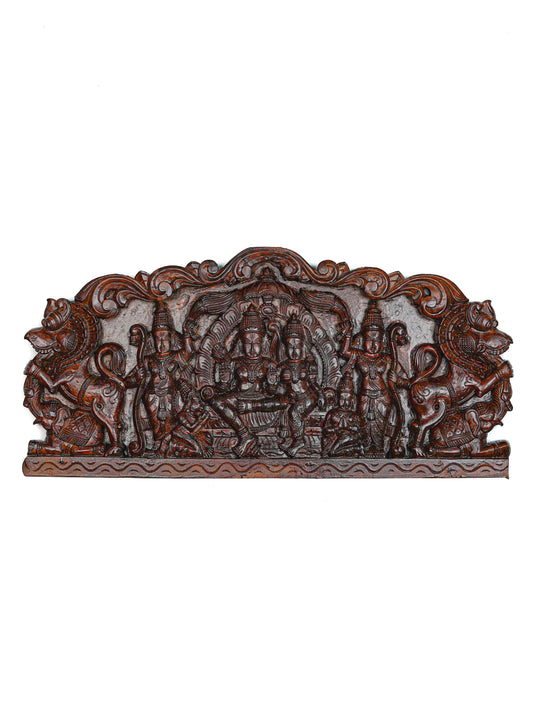 Wooden Carved Ram Darbar with Yazhi Wall Hanging Panel - 30 inch - WL5634