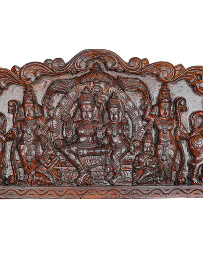 Wooden Carved Ram Darbar with Yazhi Wall Hanging Panel - 30 inch - WL5634