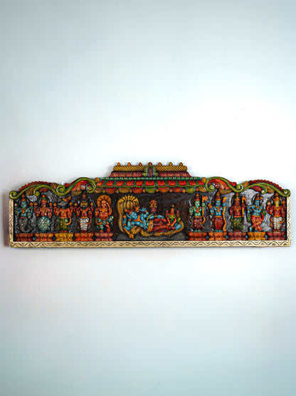 Wooden Carved Maha Vishnu - Dasavatharam Wall Hanging Panel - 60 inch - WL5640