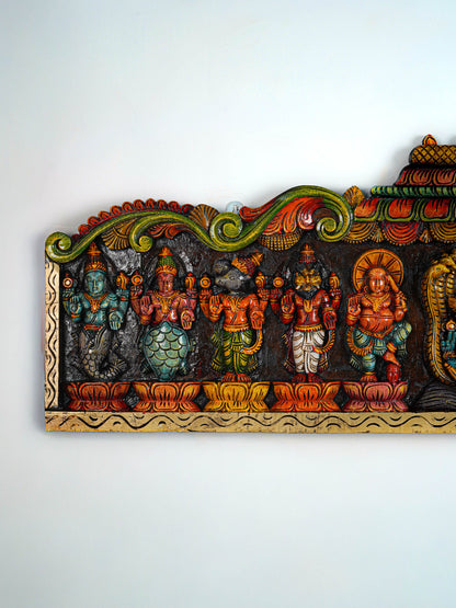 Wooden Carved Maha Vishnu - Dasavatharam Wall Hanging Panel - 60 inch - WL5640