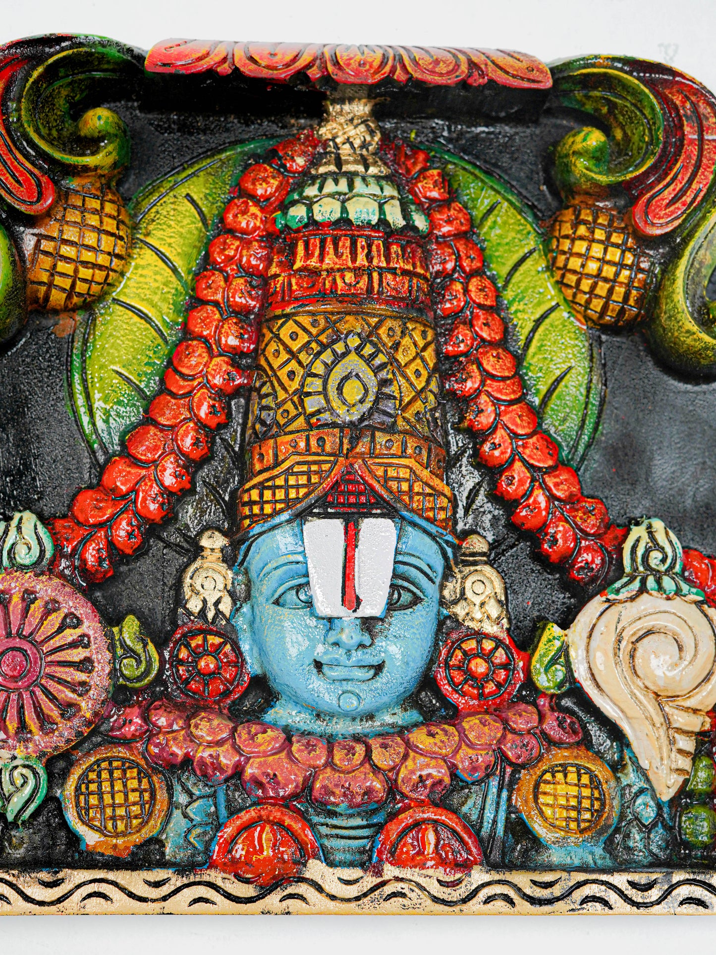 Wooden Carved Tirupathi Balaji with Flower Design Wall Hanging Frame - 12 inch - WL5643