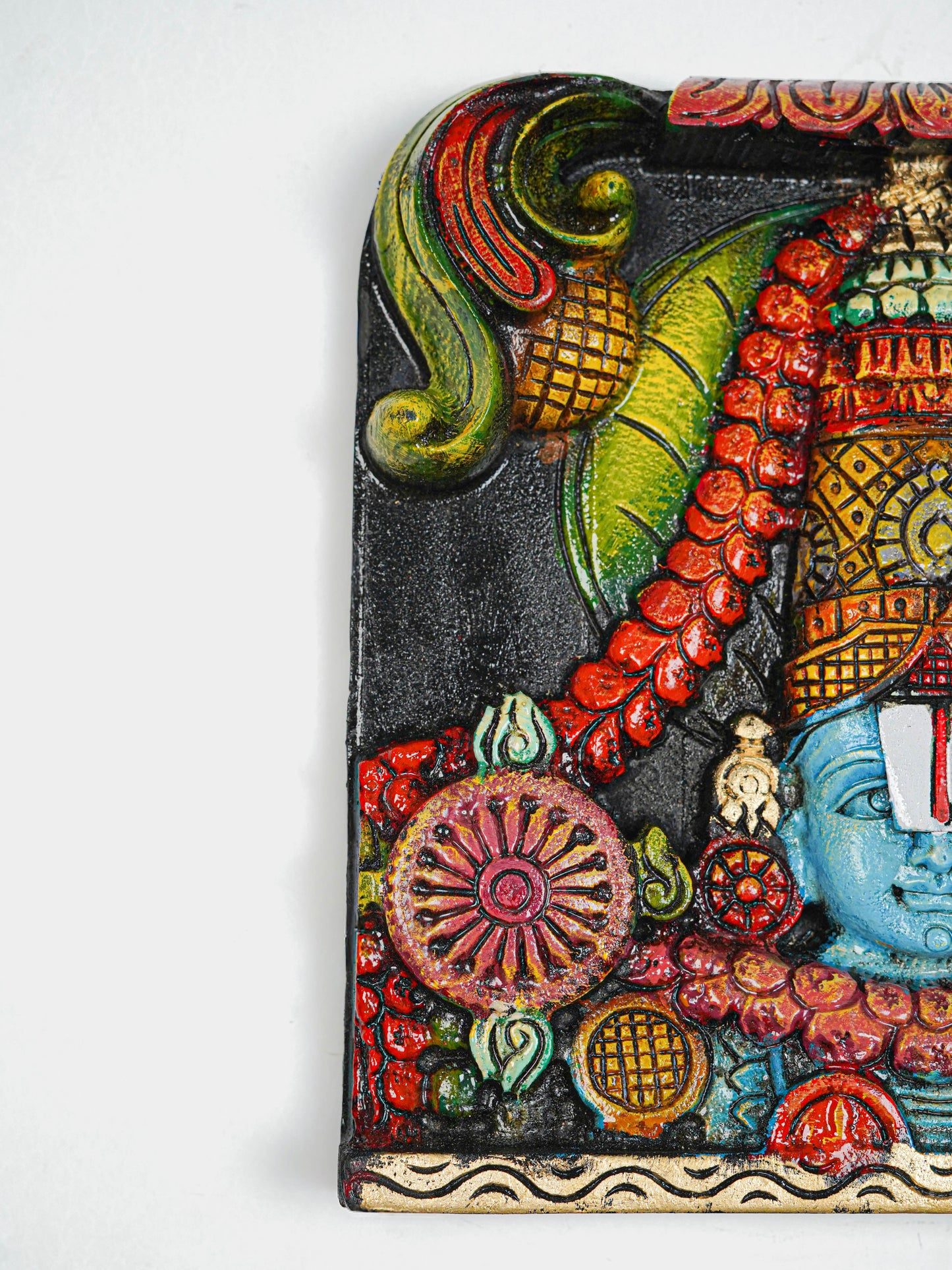 Wooden Carved Tirupathi Balaji with Flower Design Wall Hanging Frame - 12 inch - WL5643