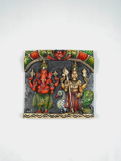 Wooden Carved Ganesha - Murugan Wall Hanging Frame - 12 inch - WL5645