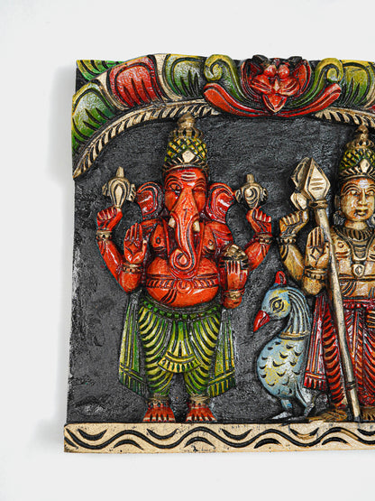 Wooden Carved Ganesha - Murugan Wall Hanging Frame - 12 inch - WL5645
