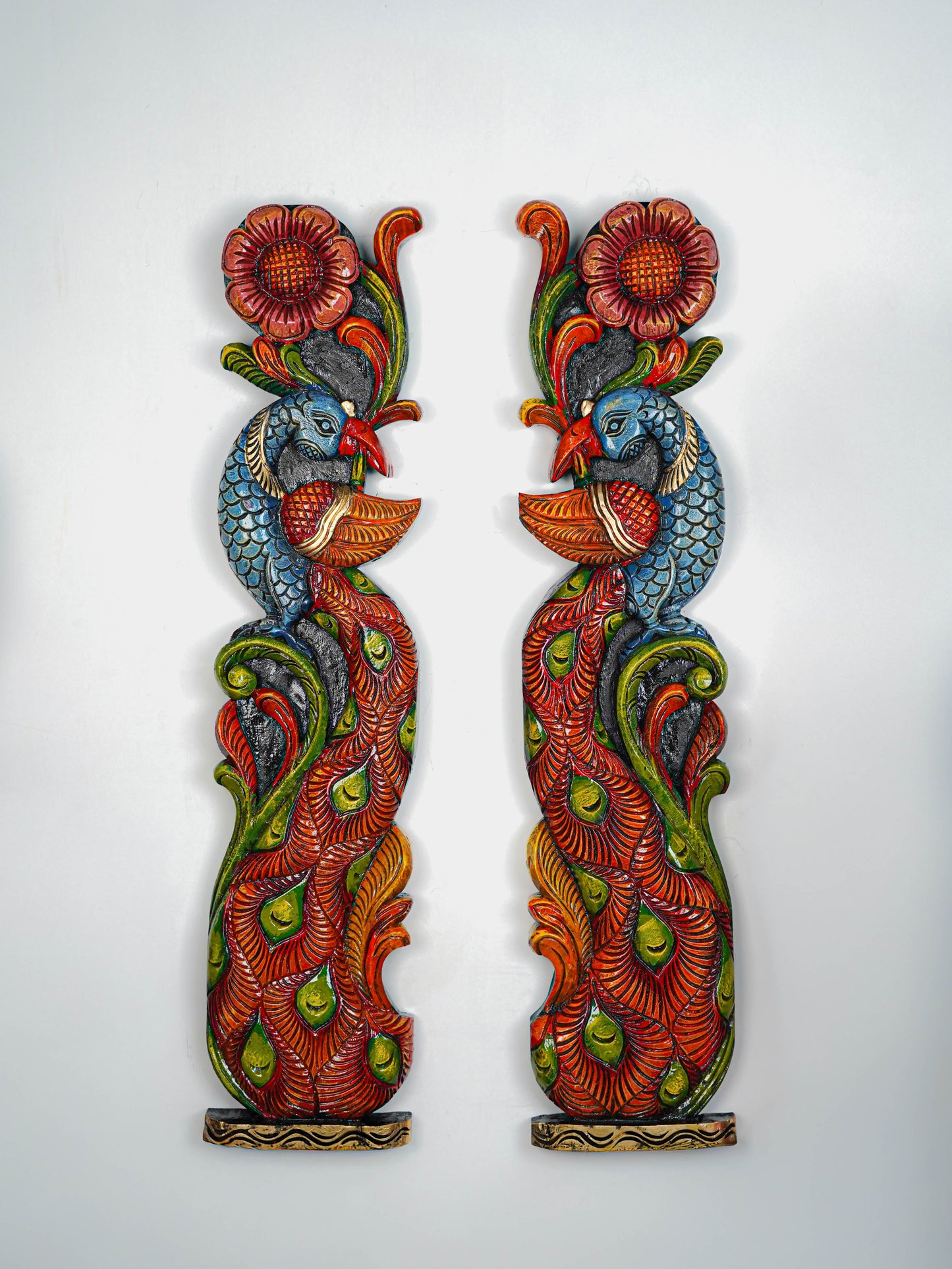 Wooden Carved Peacock with Flower Wall Hanging - Set of 2 - 36 inch - WL5647