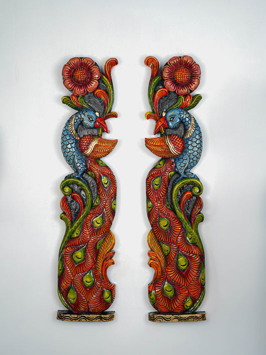 Wooden Carved Peacock with Flower Wall Hanging - Set of 2 - 36 inch - WL5647