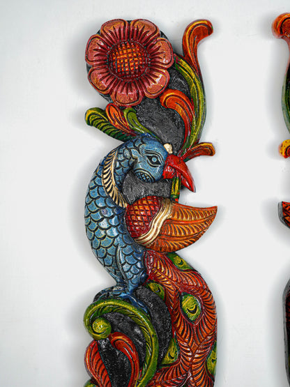 Wooden Carved Peacock with Flower Wall Hanging - Set of 2 - 36 inch - WL5647