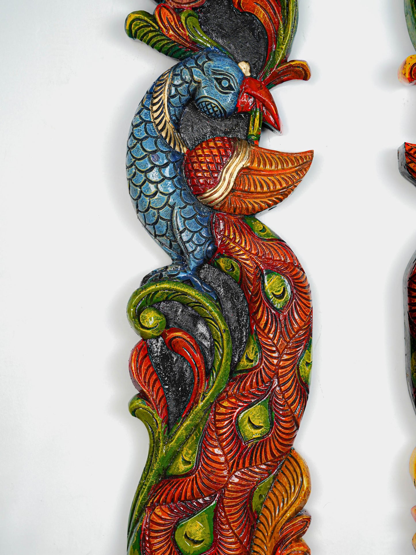 Wooden Carved Peacock with Flower Wall Hanging - Set of 2 - 36 inch - WL5647